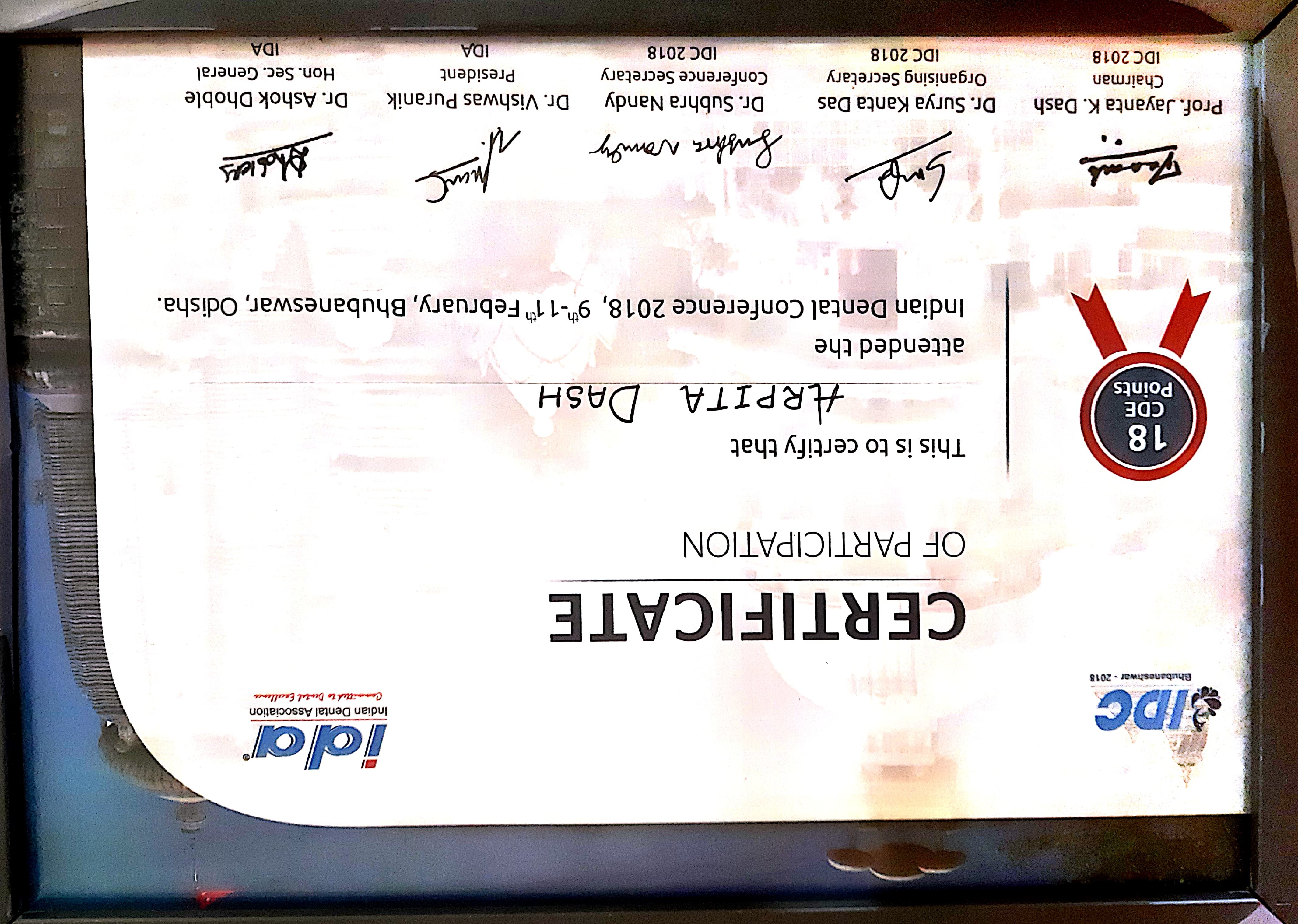 Indian Dental Conference certificate - Dr. Arpita Dash